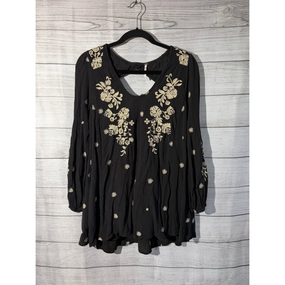 Free People Black Embroidered Floral Tunic Top Open Back Small Boho Whimsical